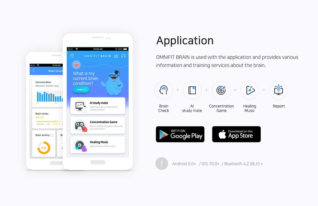 OMNIFIT BRAIN is used with the application and provides various information and training services about the brain. Android 5.0+   / IOS 10.0+  / Bluetooth 4.2 (BLE) +